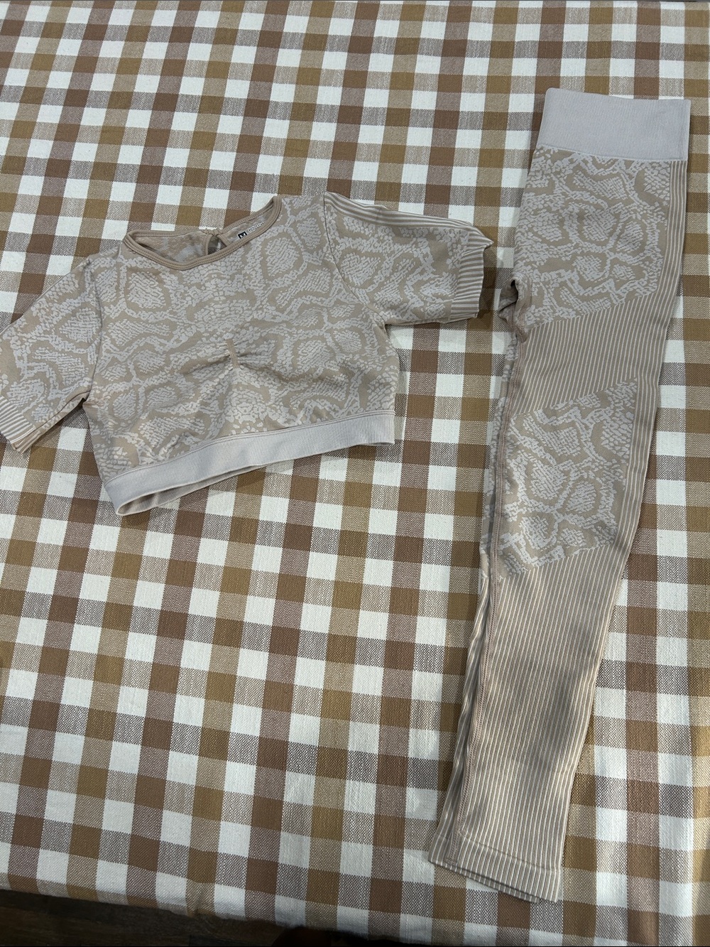 Beige Snake-Print Crop Top and High-Waist Leggings Set